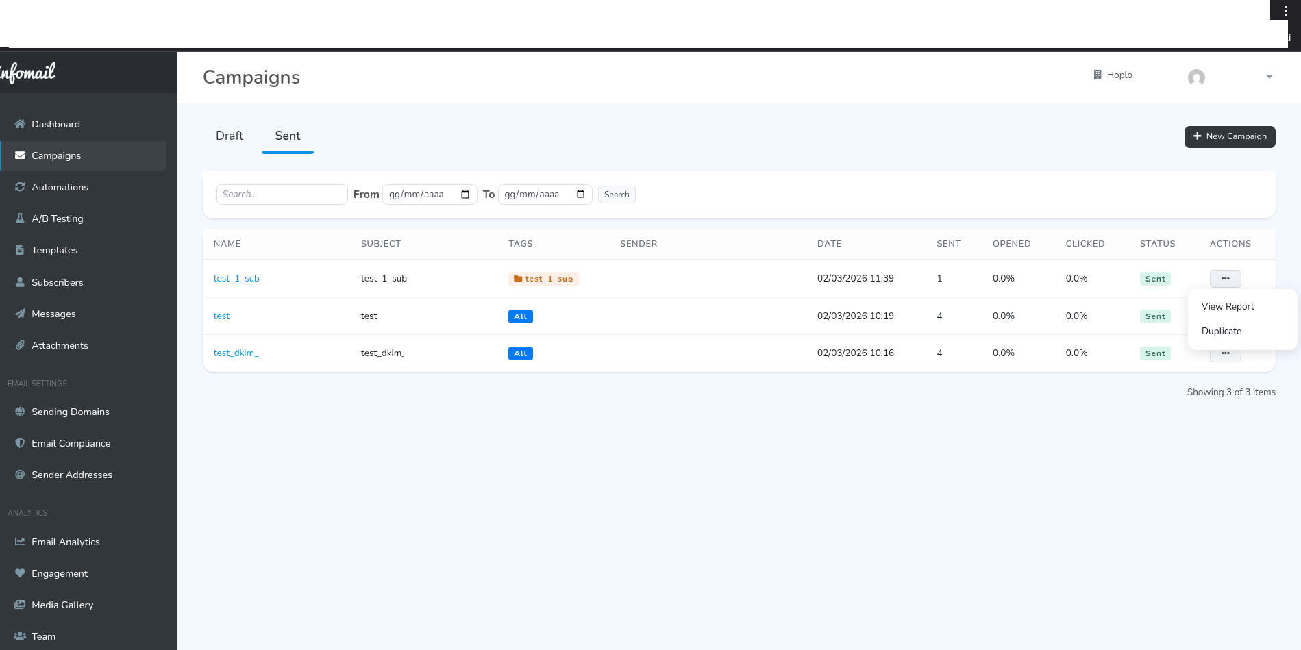 Elenco campagne inviate