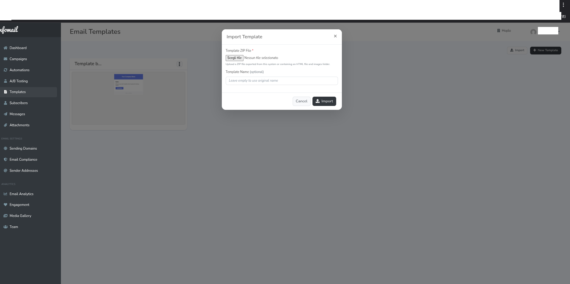 Popup import template