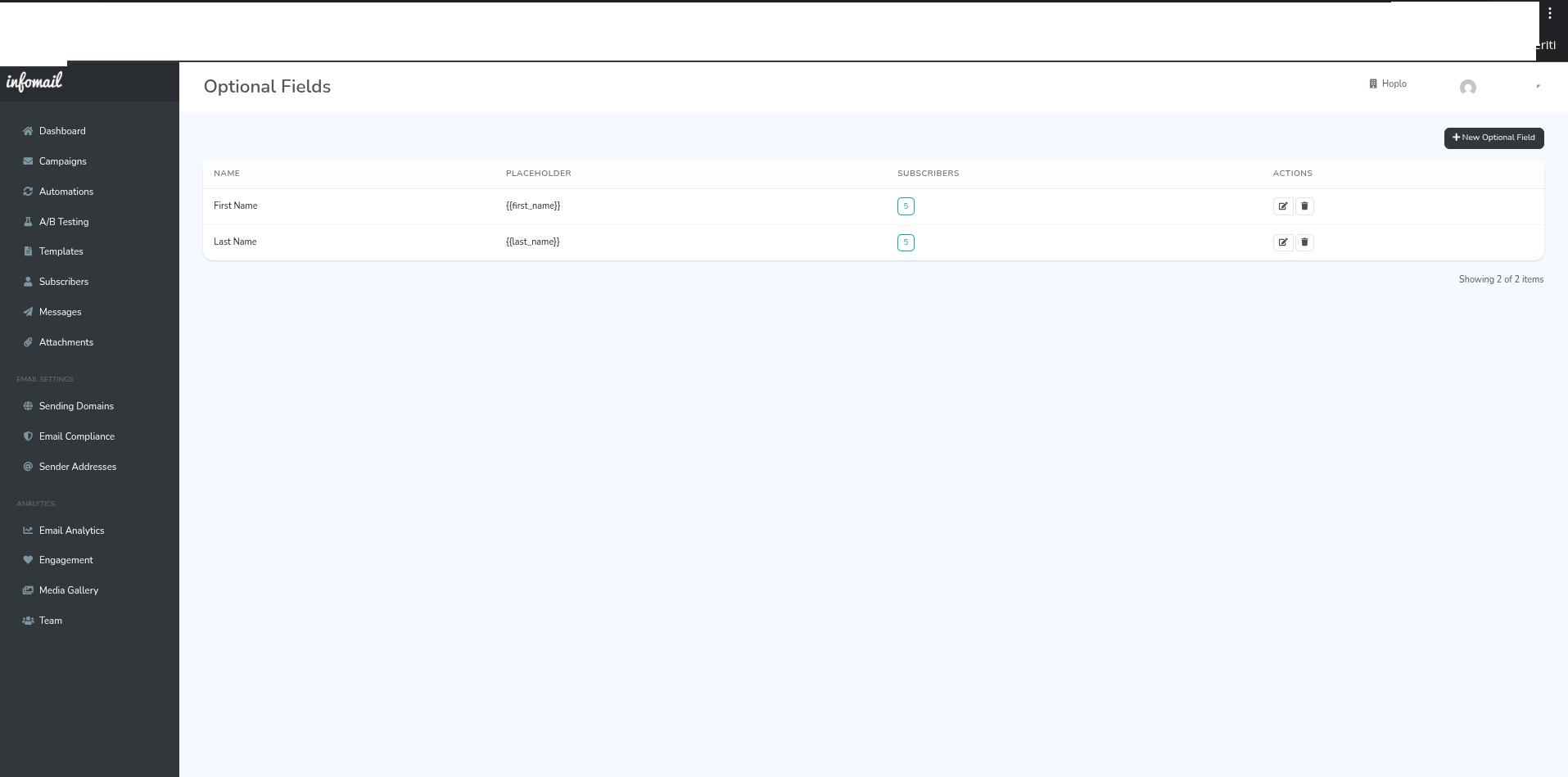 Elenco campi opzionali
