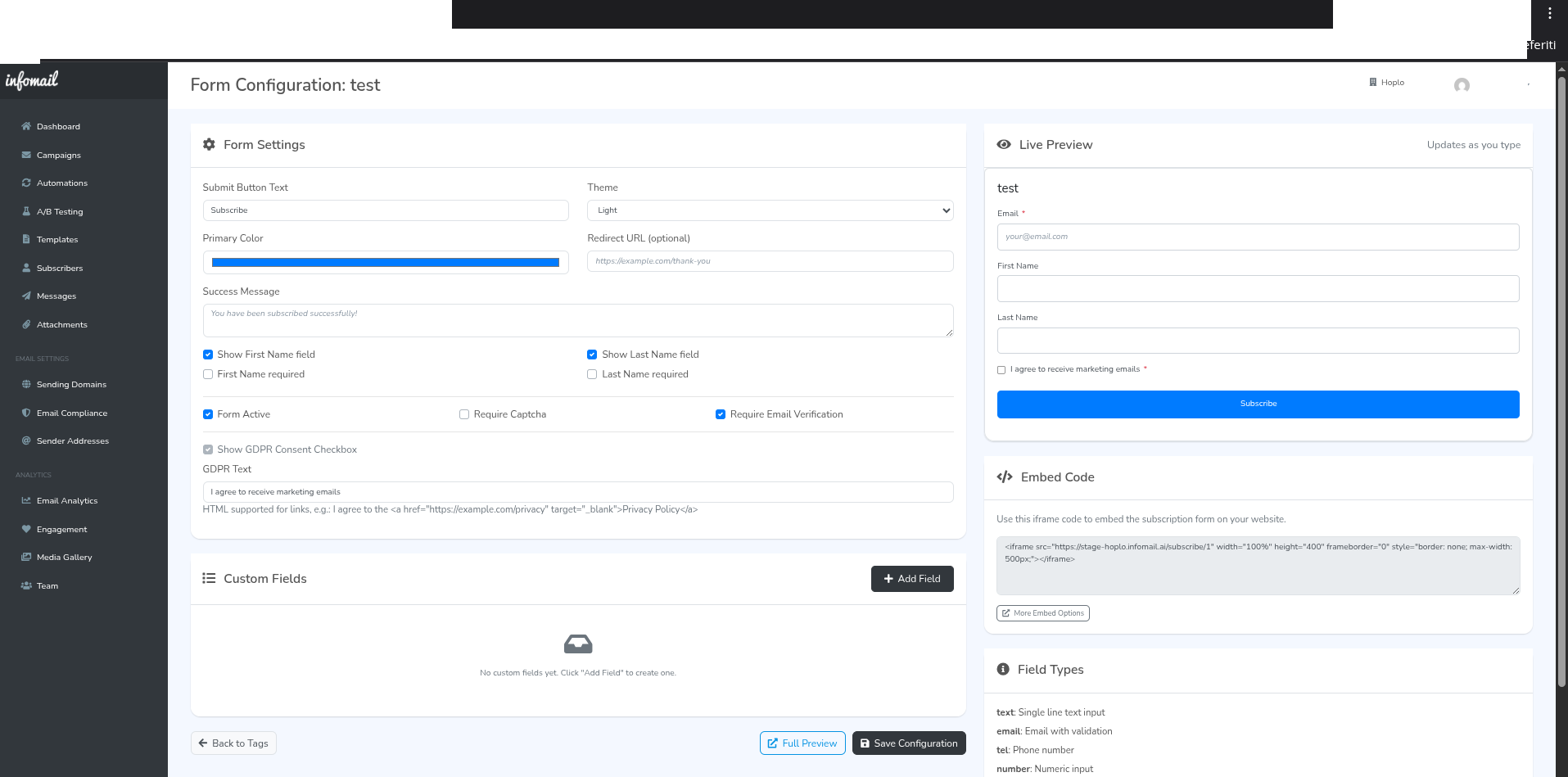 Configurazione form di iscrizione
