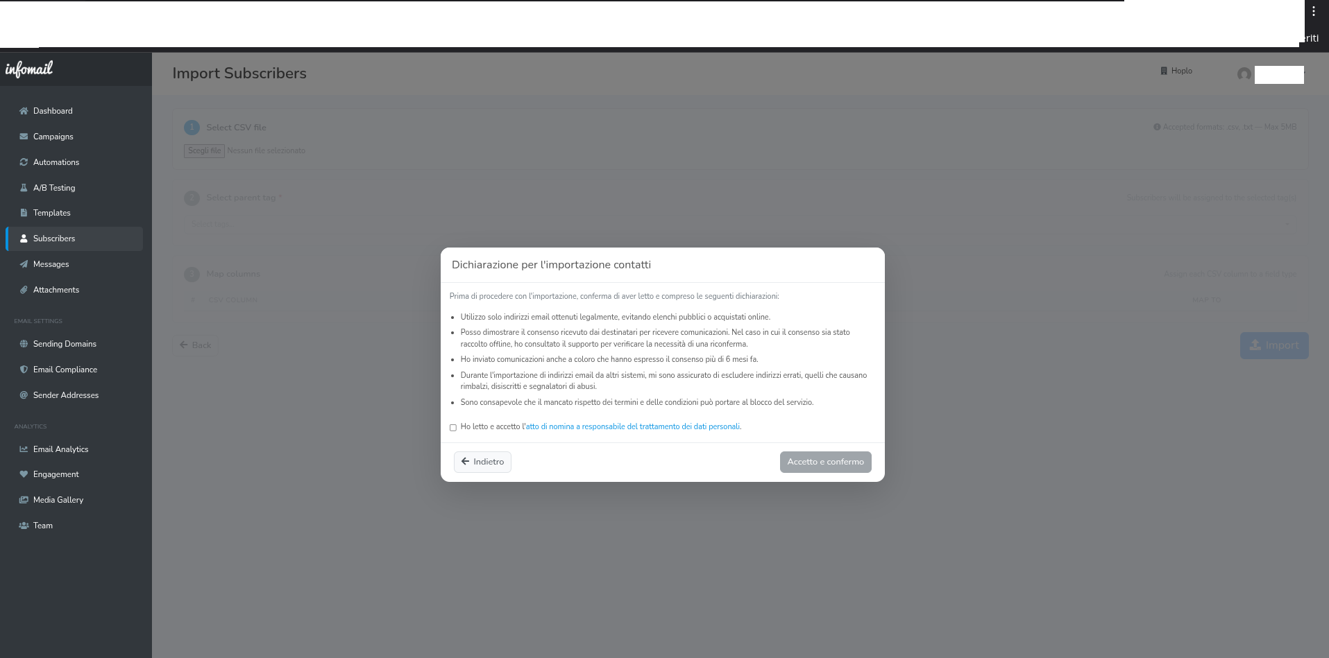 Dichiarazione per import subscribers
