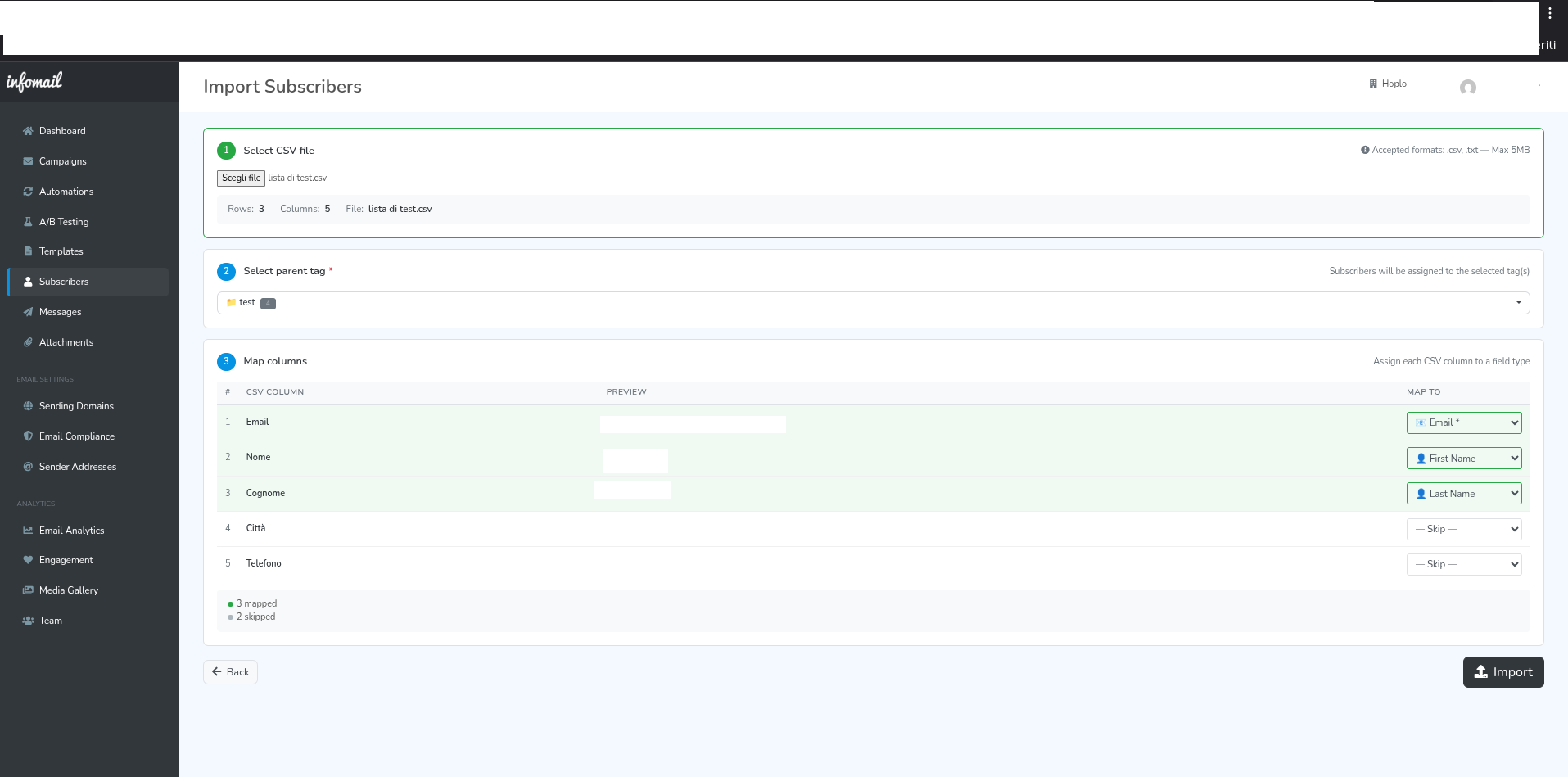 Procedura di import CSV