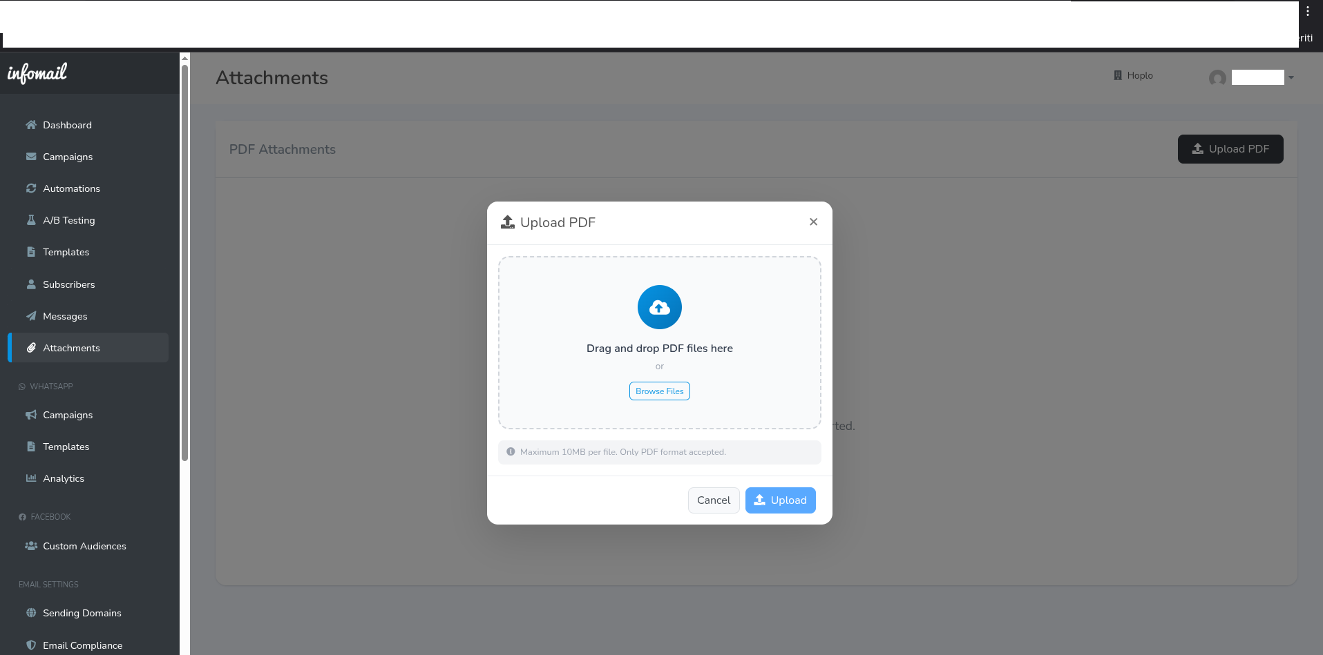 Popup upload PDF attachment