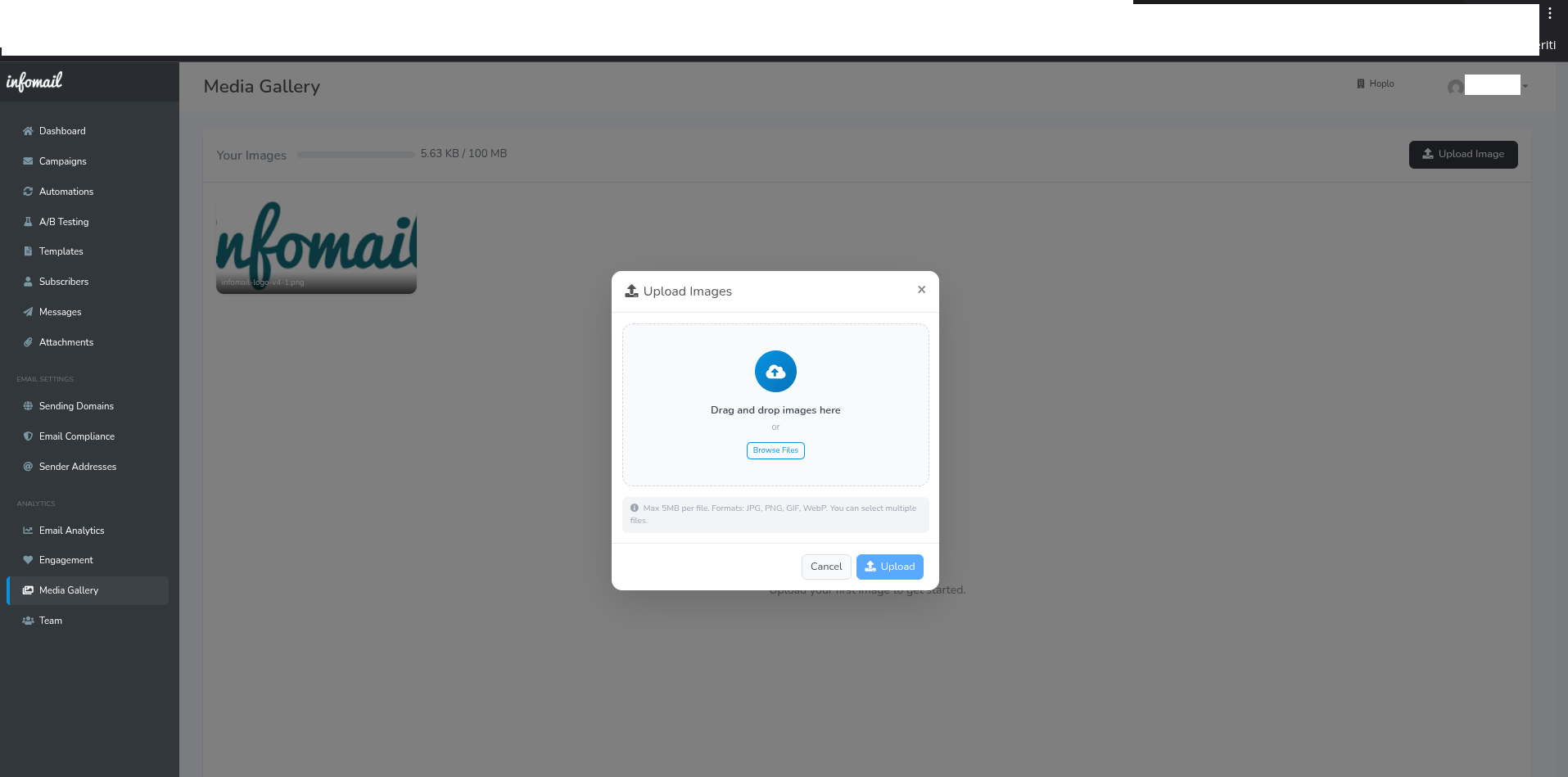 Media Gallery con popup upload images