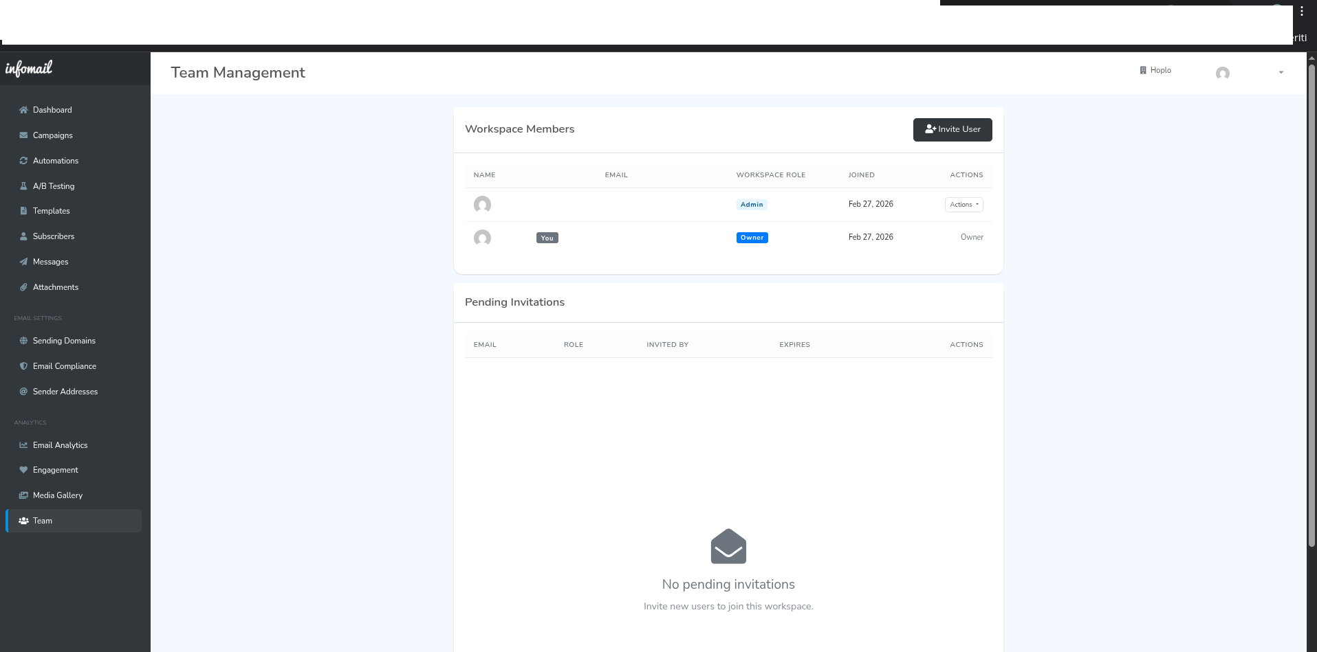 Schermata gestione team