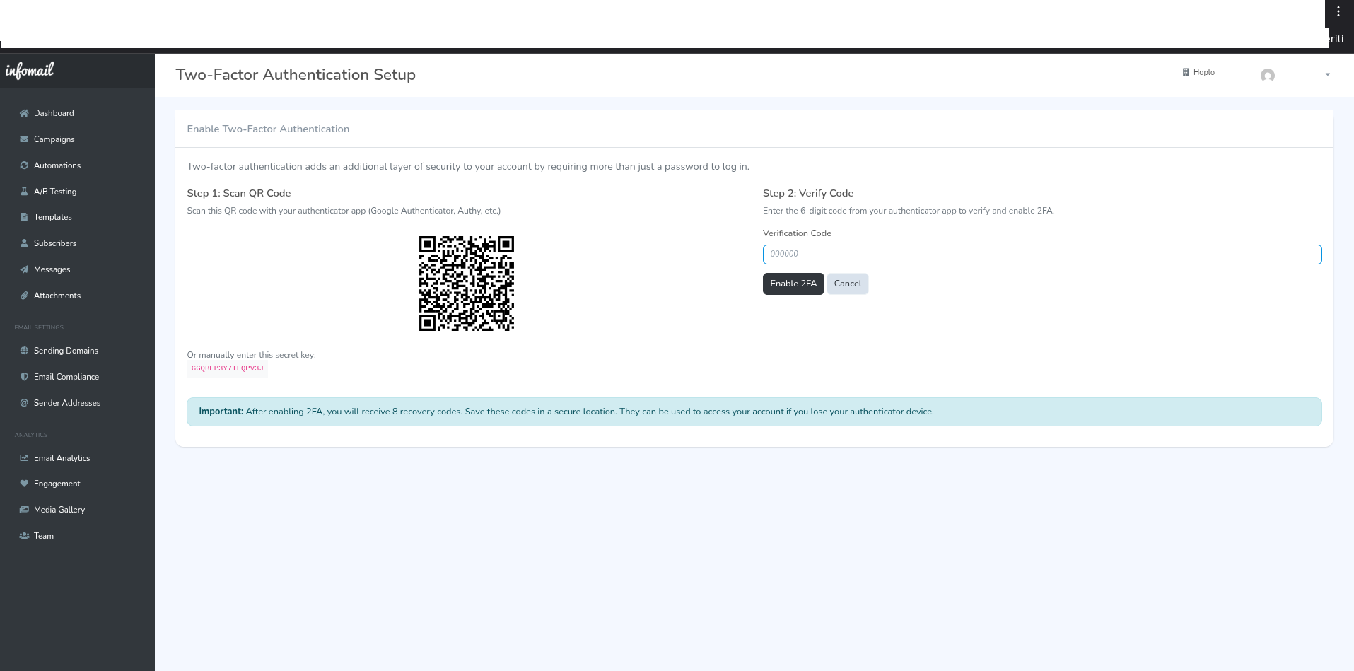 Setup autenticazione a due fattori