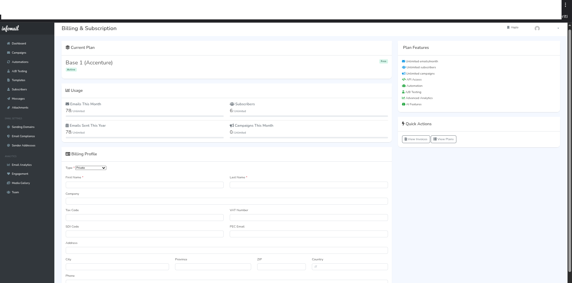 Schermata billing e subscription