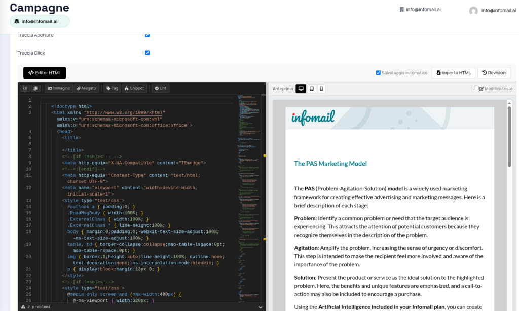 L’editor HTML di una campagna con l’anteprima a destra (il testo d’esempio è di una vecchia newsletter)