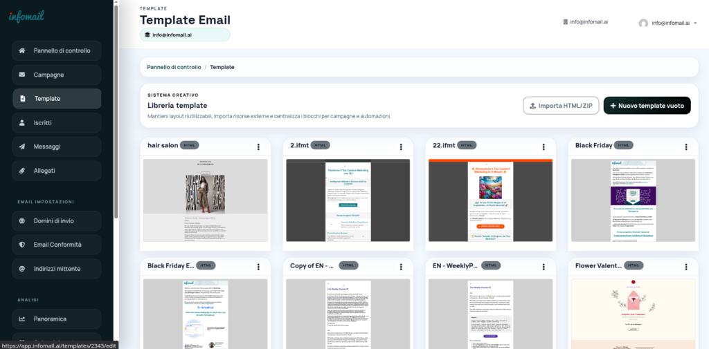 La libreria template con il pulsante Importa HTML/ZIP