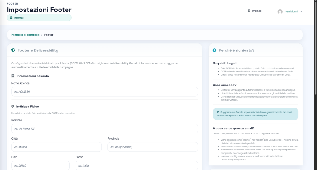 La pagina Impostazioni Footer con i dati dell’azienda e l’indirizzo fisico