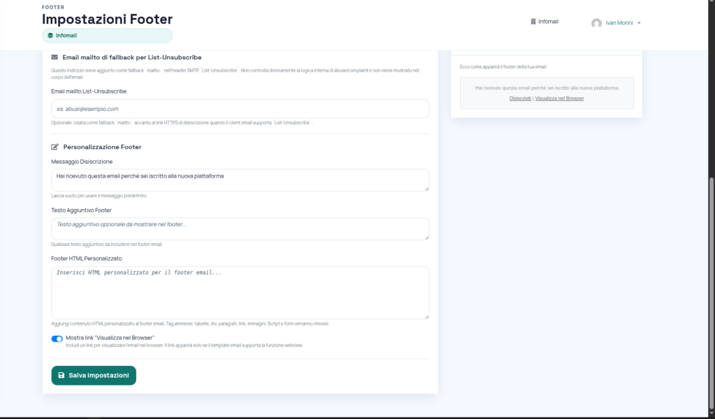La personalizzazione del footer, con l’anteprima a destra (schermata di marzo 2026)