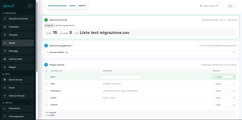 La pagina di importazione degli iscritti da file CSV