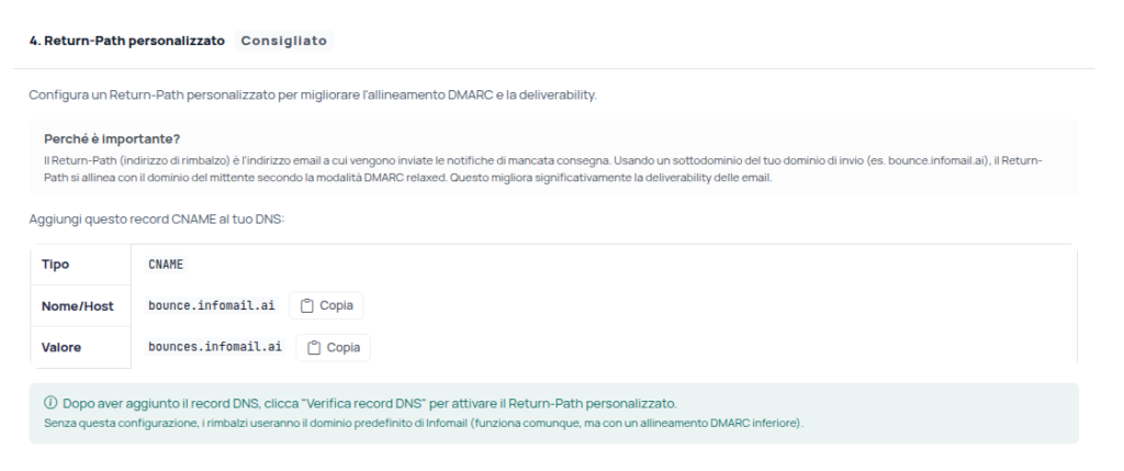 I parametri del return path personalizzato nella sezione Domini di invio