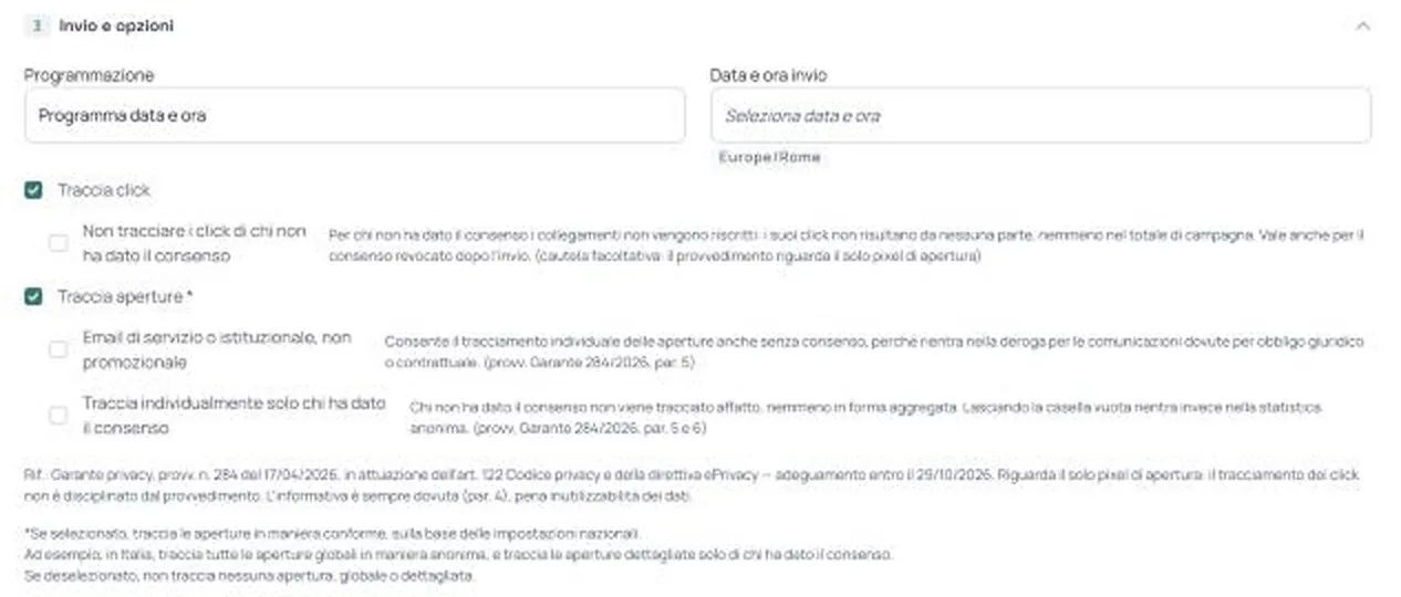 Le opzioni di tracciamento nella creazione della campagna