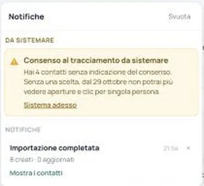 La notifica «Consenso al tracciamento da sistemare» nella campanella di Infomail