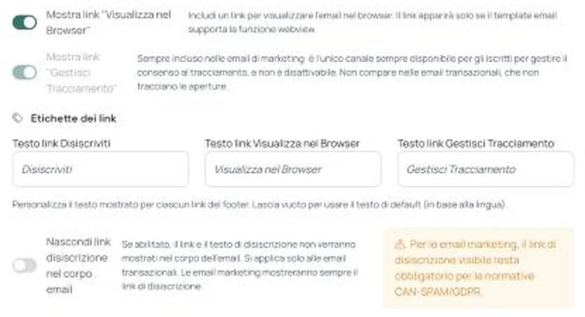 Il link «Gestisci Tracciamento» nelle impostazioni del footer