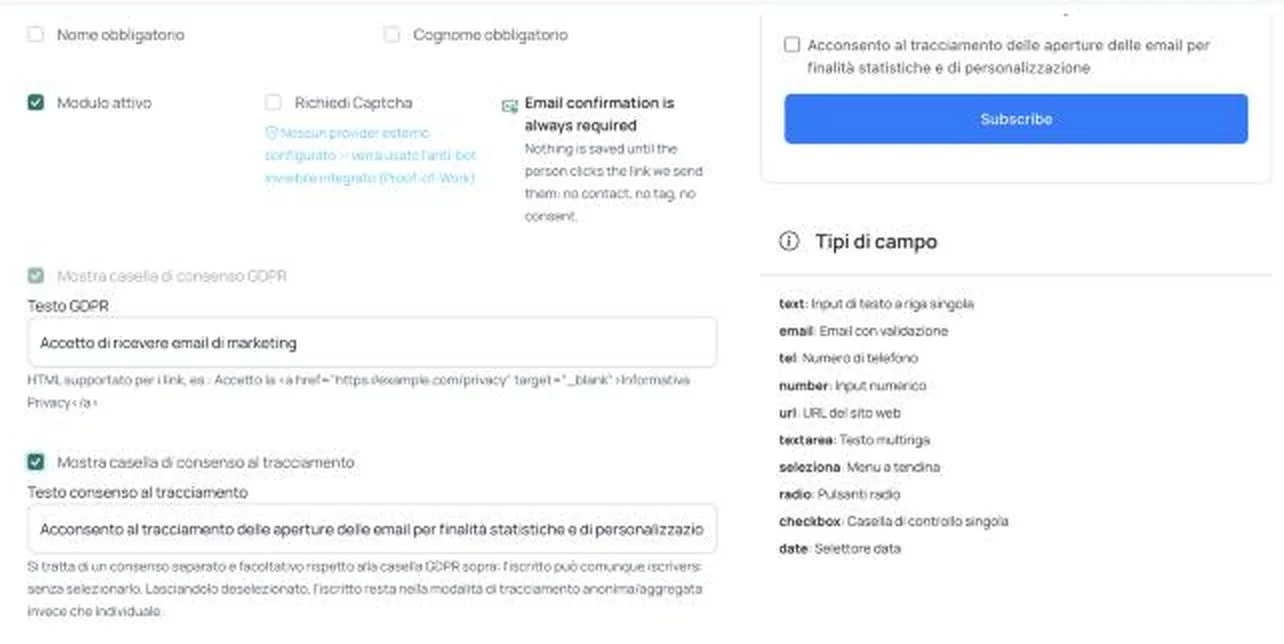 La casella di consenso al tracciamento nella configurazione del form