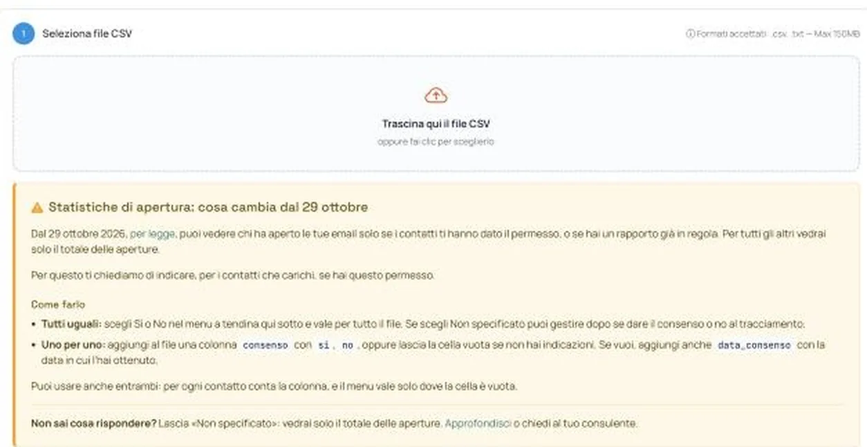 Il riquadro «Statistiche di apertura: cosa cambia dal 29 ottobre» nella pagina di import