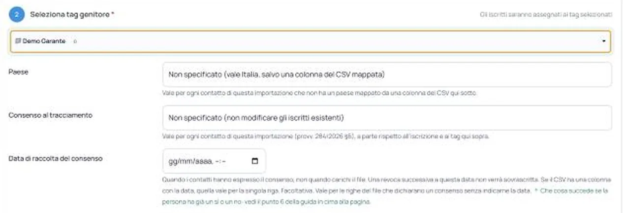 Il tag, il paese e il consenso al tracciamento nella pagina di import