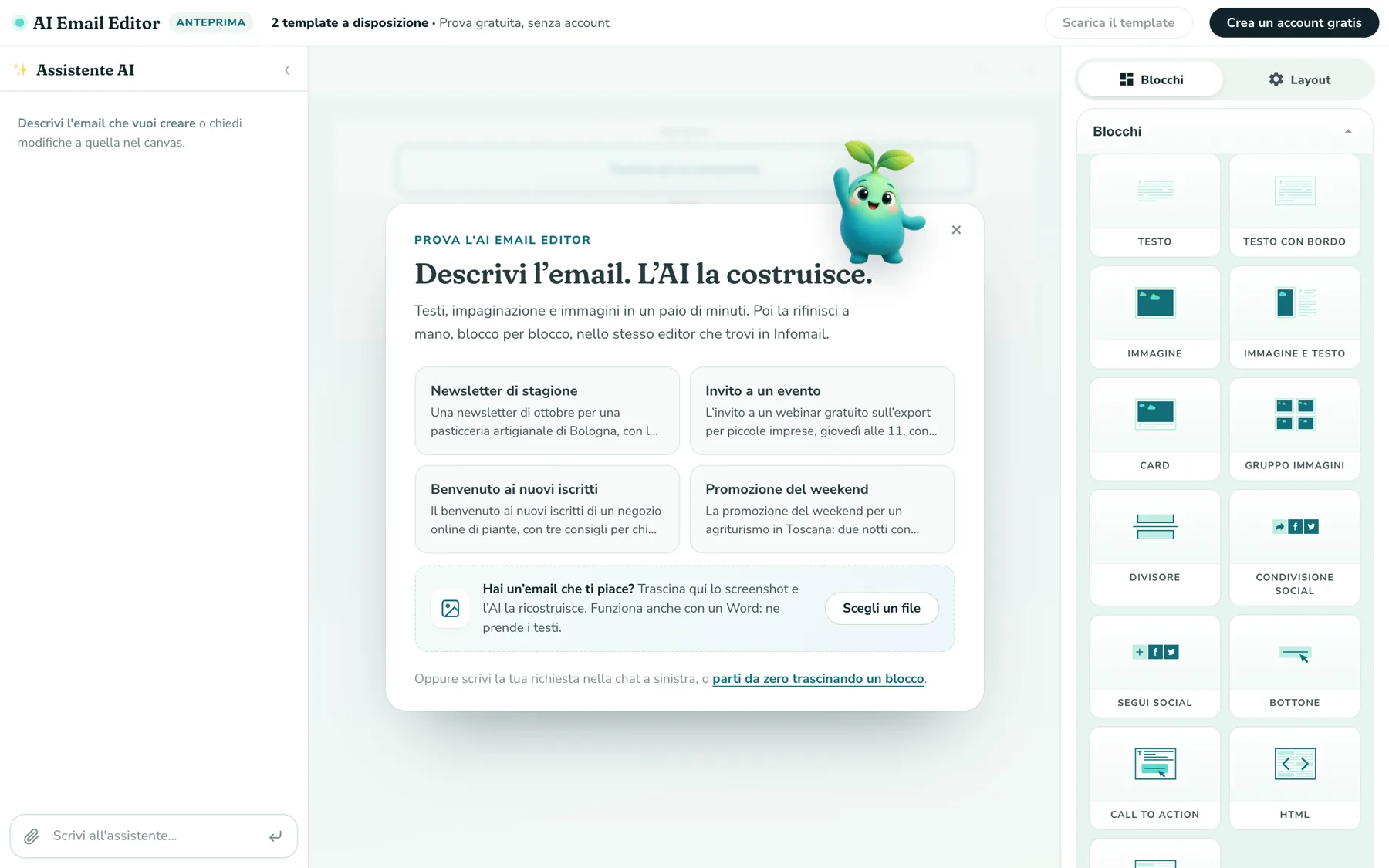 L’accoglienza dell’AI Editor: il titolo «Descrivi l’email. L’AI la costruisce.», quattro idee da cui partire e il riquadro per trascinare uno screenshot o un Word