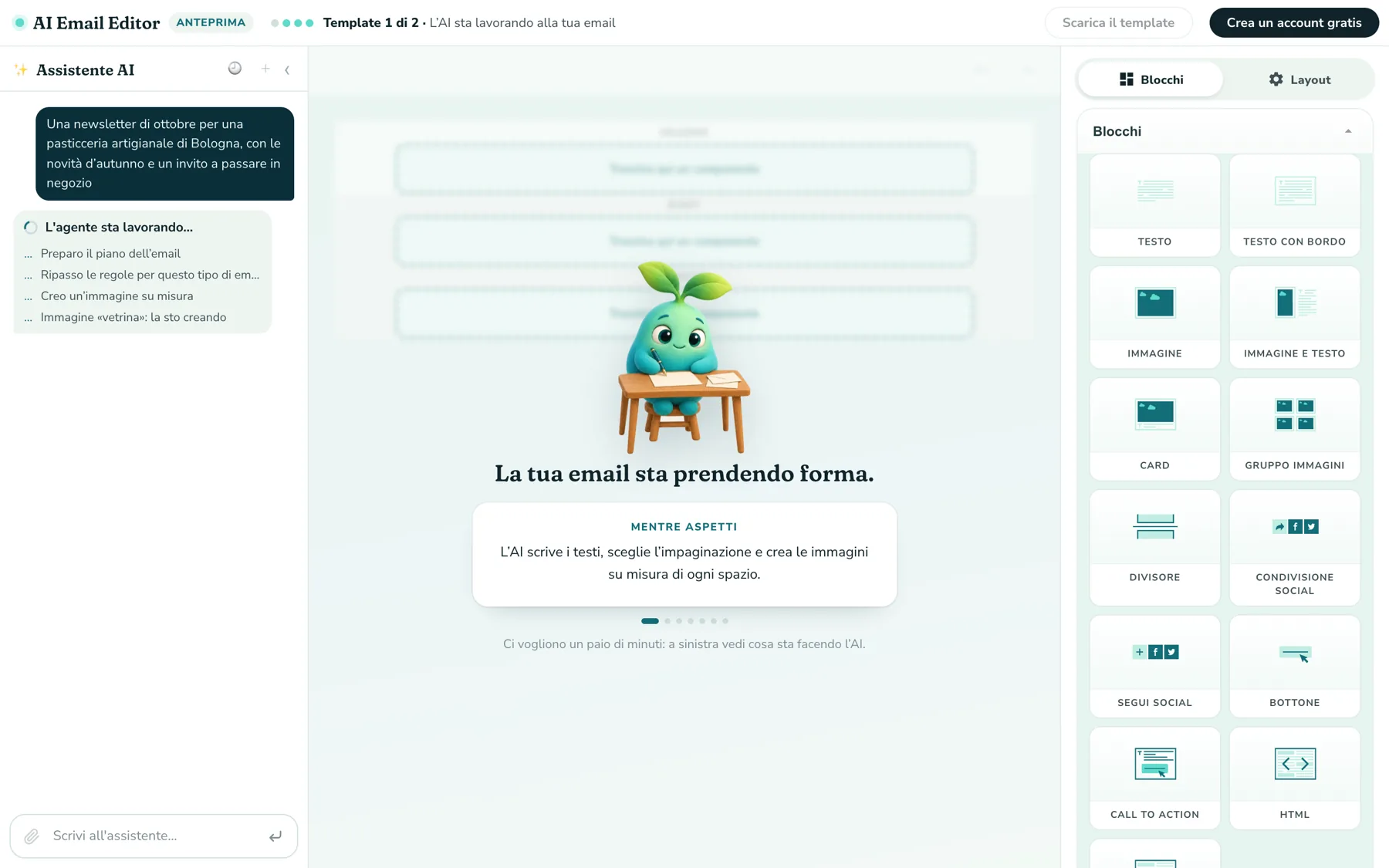 L’AI Editor al lavoro: a sinistra i passi in corso («Preparo il piano dell’email», «Creo un’immagine su misura»), al centro il germoglio allo scrittoio e la scritta «La tua email sta prendendo forma»