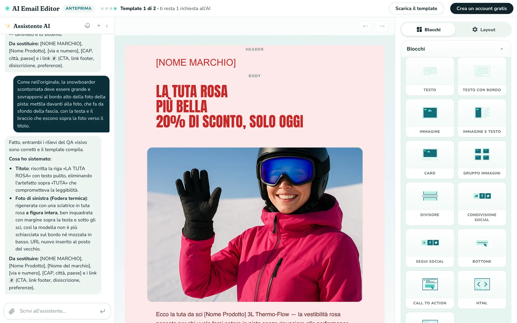 L’AI Editor con un’email ricreata in italiano da uno screenshot: a sinistra la conversazione con l’assistente, al centro una promozione di abbigliamento da neve con la snowboarder che saluta, a destra i blocchi