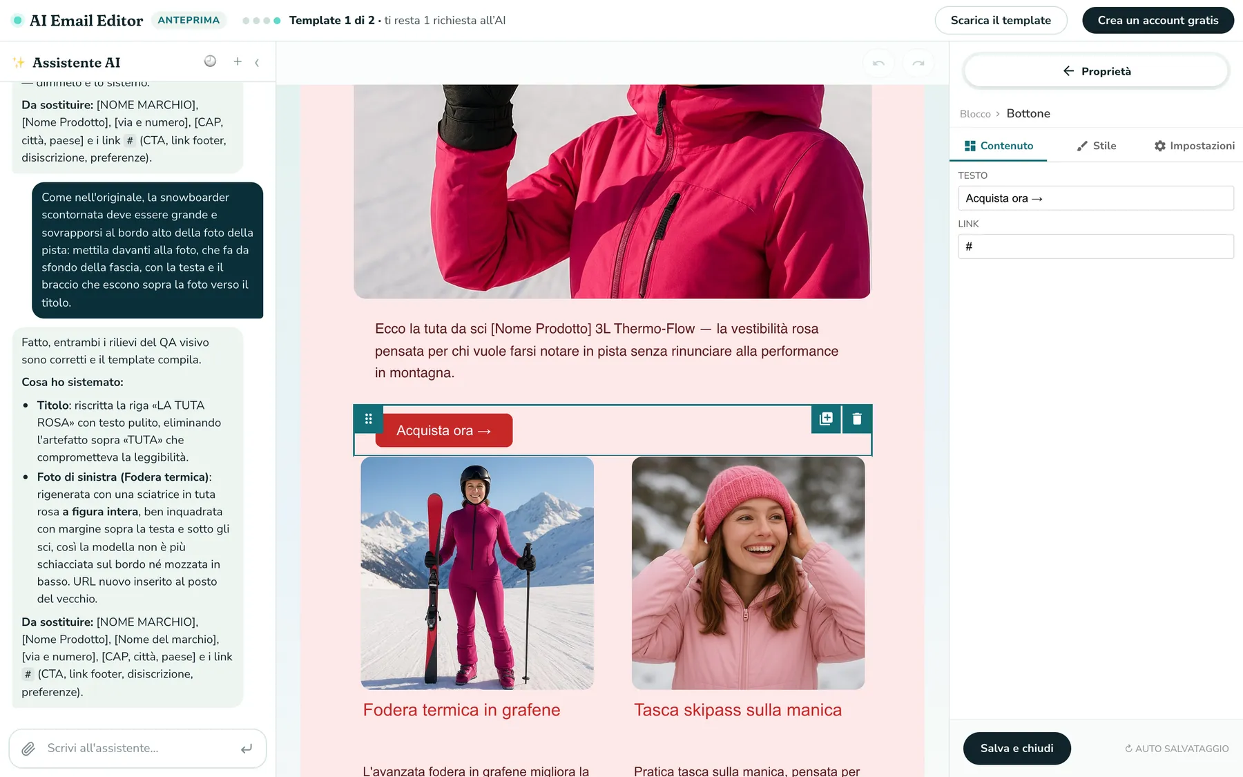 Il bottone «Acquista ora» selezionato nell’editor: a destra il pannello delle proprietà, con il testo e il link del bottone