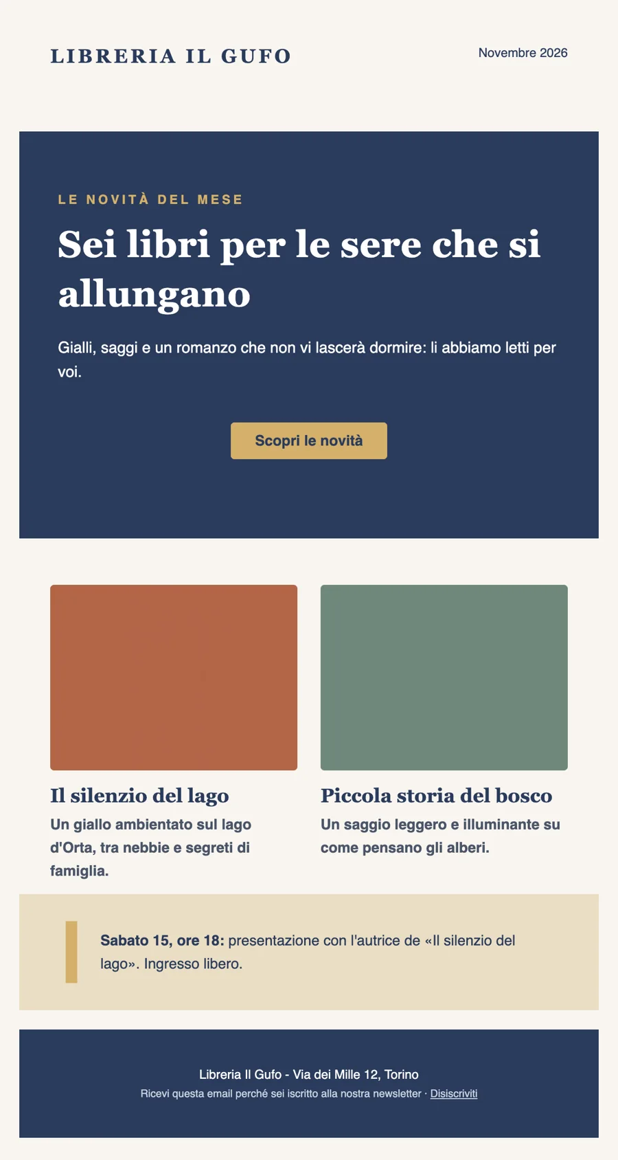 L’email ricostruita dall’AI Editor: stessa fascia blu con titolo e pulsante oro, le due copertine, il riquadro dell’evento e il piè di pagina