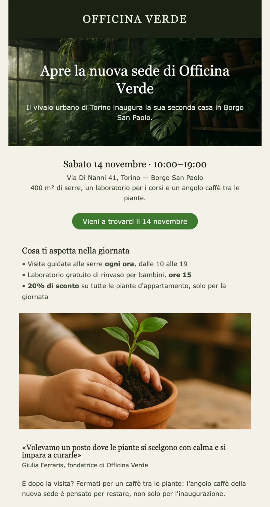 L’invito all’inaugurazione di Officina Verde creato da un comunicato in Word: foto della serra, data e orari, pulsante, programma e citazione