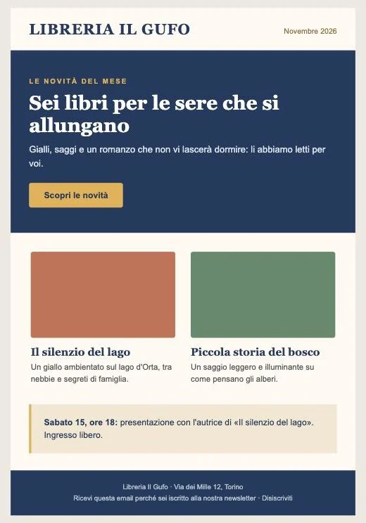 Lo screenshot di partenza: la newsletter di una libreria, con fascia blu, due copertine e un riquadro per l’evento