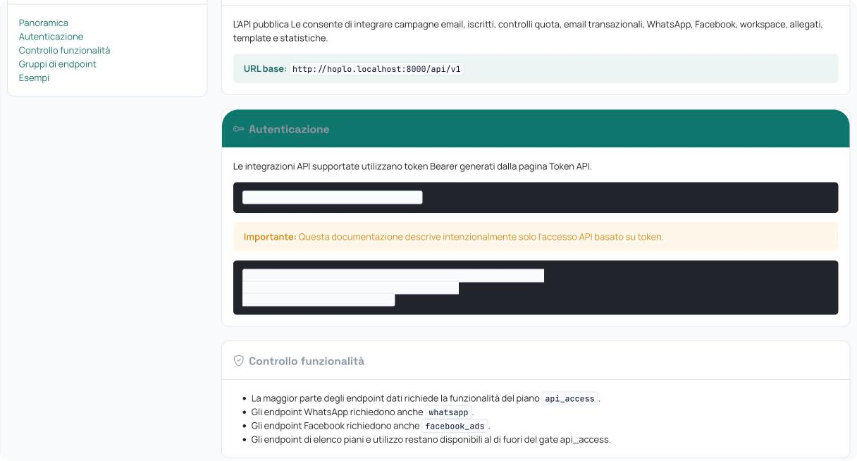 Documentazione dell’API con URL base, autenticazione a token Bearer e gruppi di endpoint
