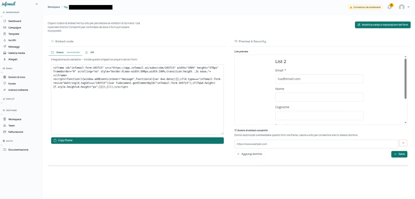 Il codice iframe e l'endpoint API del form