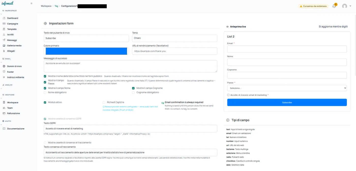 La configurazione del form con l'anteprima live