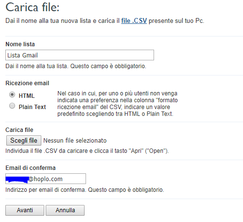 Caricamento lista CSv su Infomail