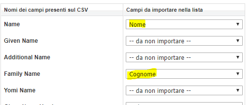 Selezione campi lista Infomail