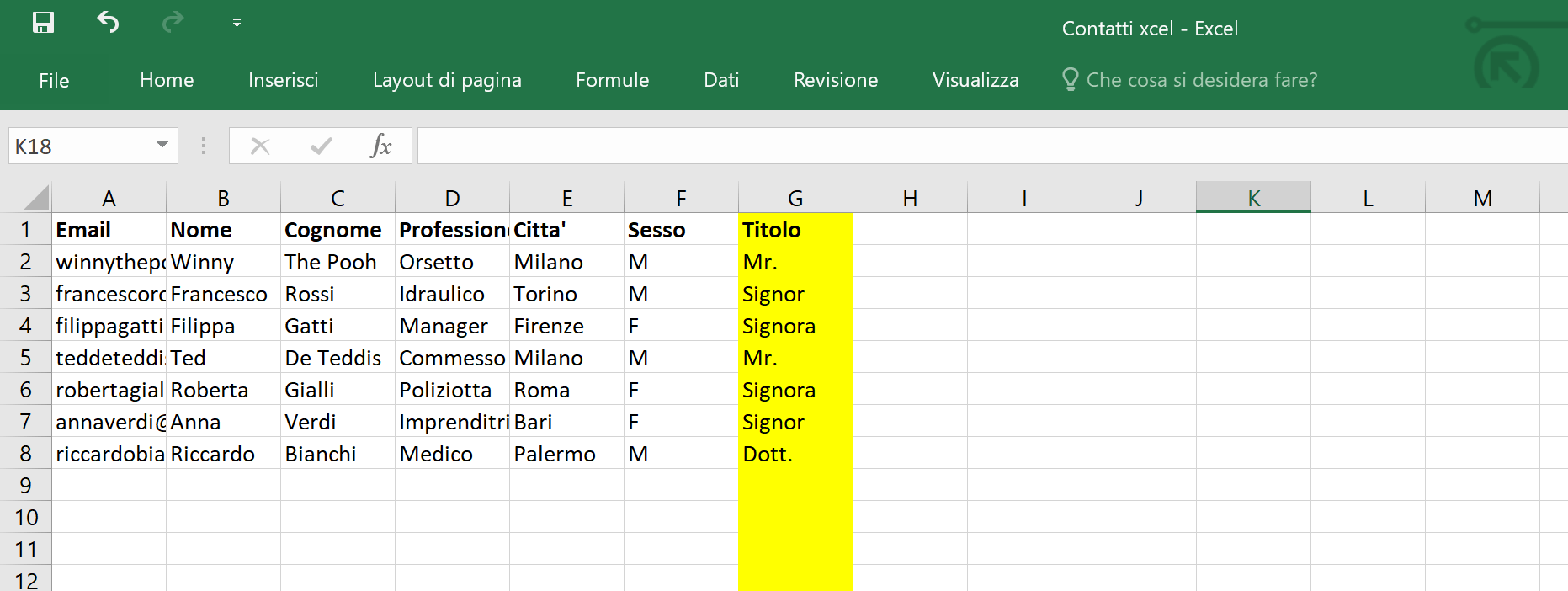 Lista contatti - Titolo